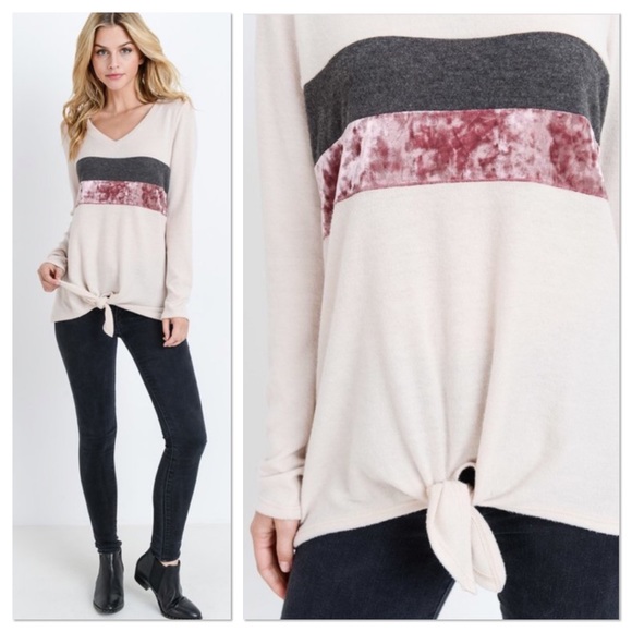 Taupe Crushed Velvet Color Block Top - Picture 3 of 3